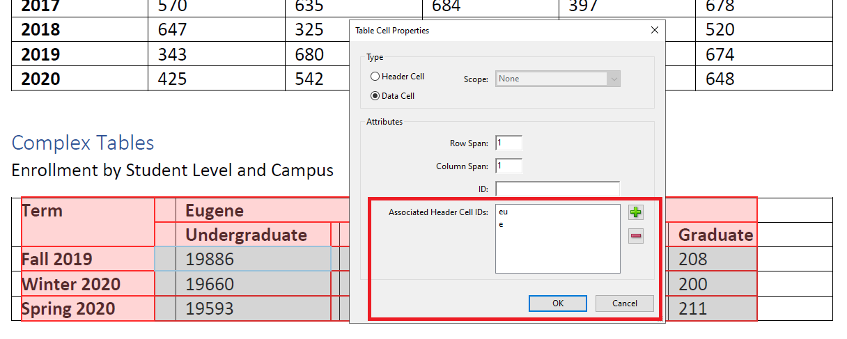 Acrobat dialog box highlighting data cell header ID association