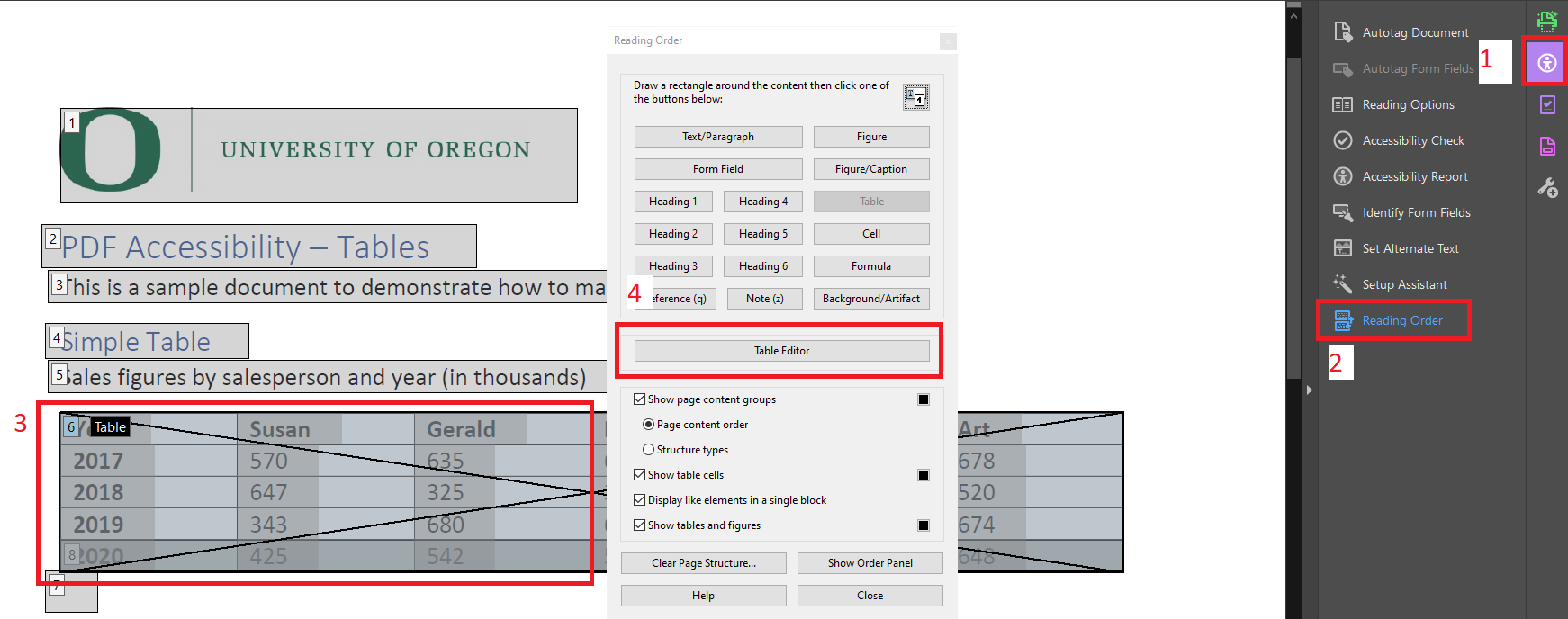 Opening the Table Editor in Acrobat