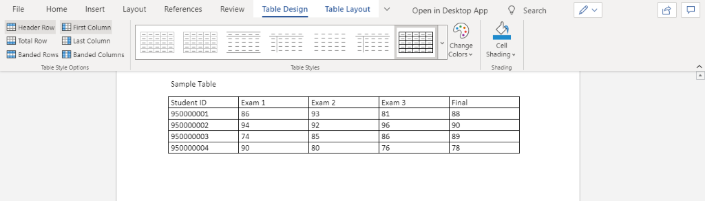 Table in MS Word
