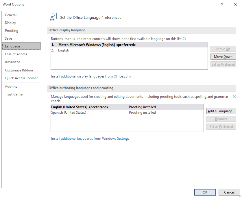 changing language settings in MS Word