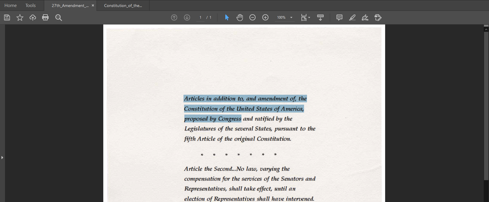 PDF screenshot of 27th amendment with searchable text