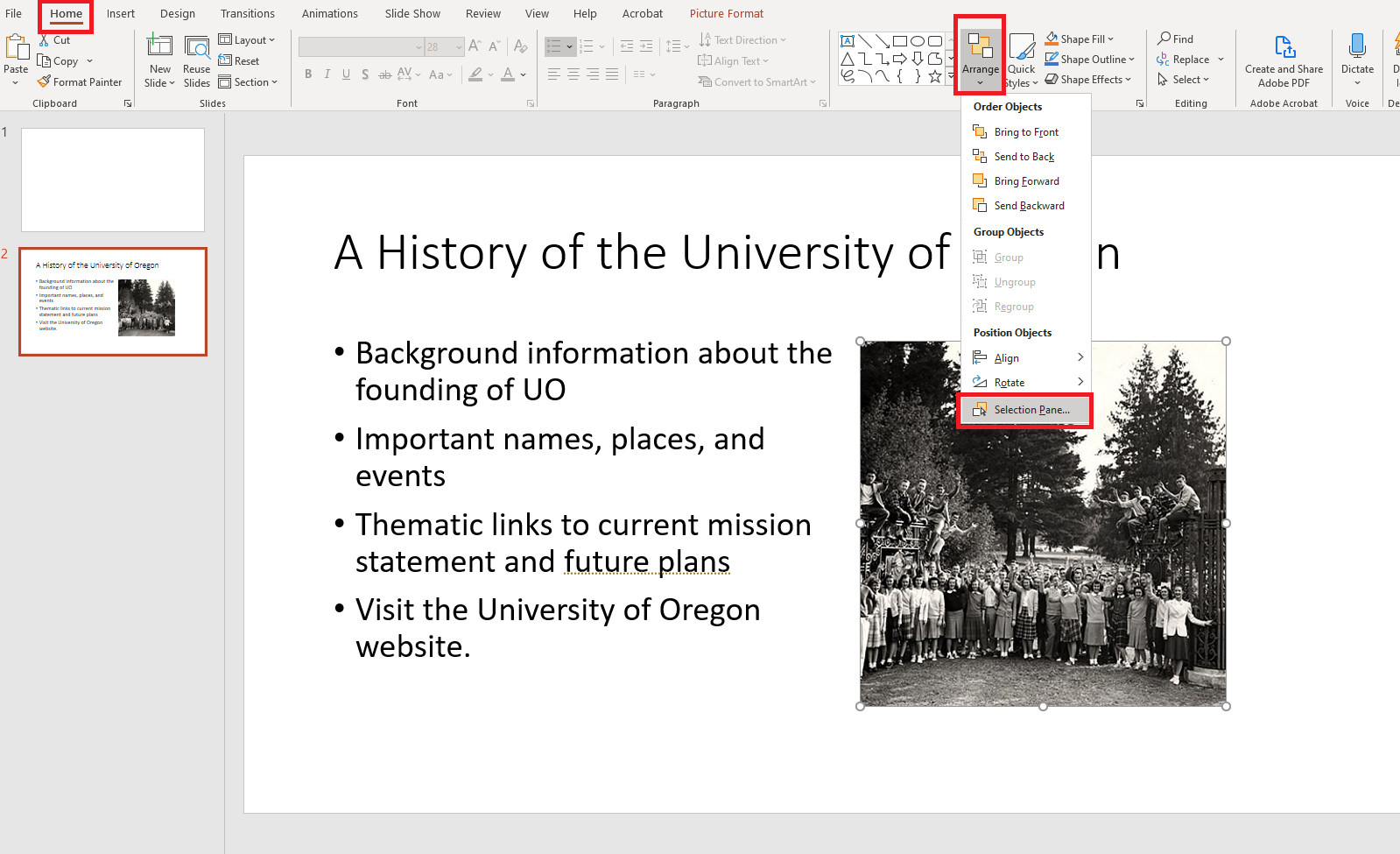 How to select the reading order pane in MS PowerPoint