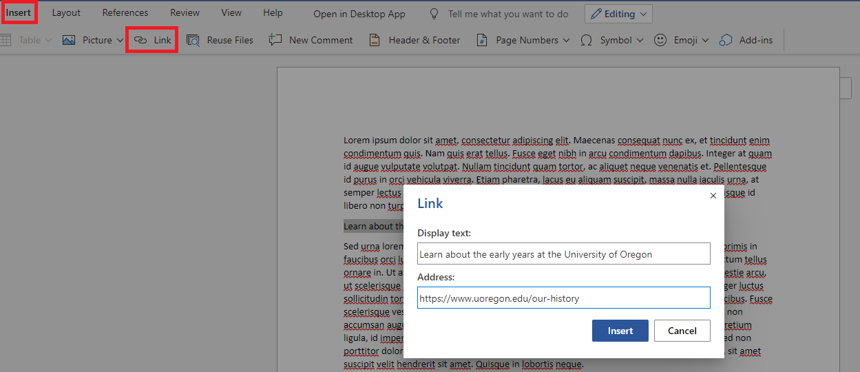 Adding links in MS Word